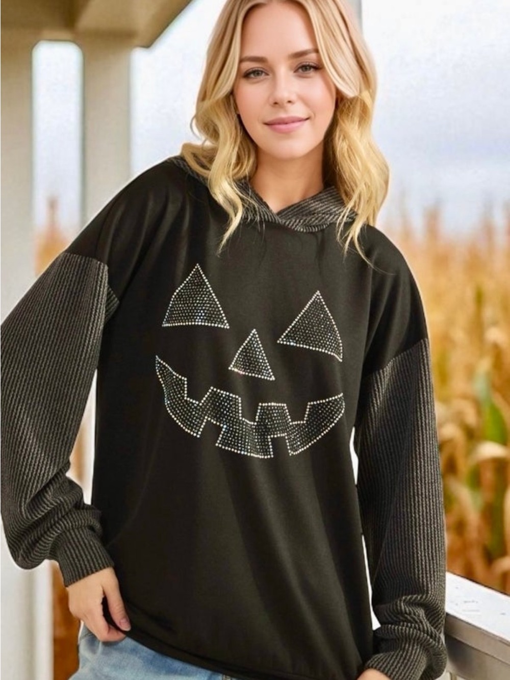 Women's Black Halloween Jack-O'-Lantern Rhinestone Pullover Hoodie Sweater NWOTS